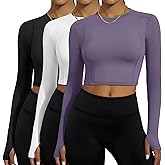 Simlakey 3 Pack Women's Workout Shirts Compression Long Sleeve Crop Tops Crew Neck Yoga Gym Athletic Fitted Crop T-Shirts
