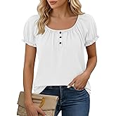 Tankaneo Womens Short Sleeve Shirts Puff Ruffle Sleeve Scoop Neck Pleated Tops Summer Casual Loose Fit Henley Shirt