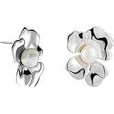 925 Sterling Silver Irregular Flower Stud Earrings for Women,Shiny 18K Gold Plated/ Shiny Platinum Plated Real Silver Earrings with Natural Freshwater Pearl Center, Elegant Floral Design Hypoallergenic Jewelry Gift with White Gift Box