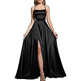 MisShow Women's Spaghetti Straps Prom Dresses with Slit Satin Bridesmaid Dress Long Evening Formal Party Gown