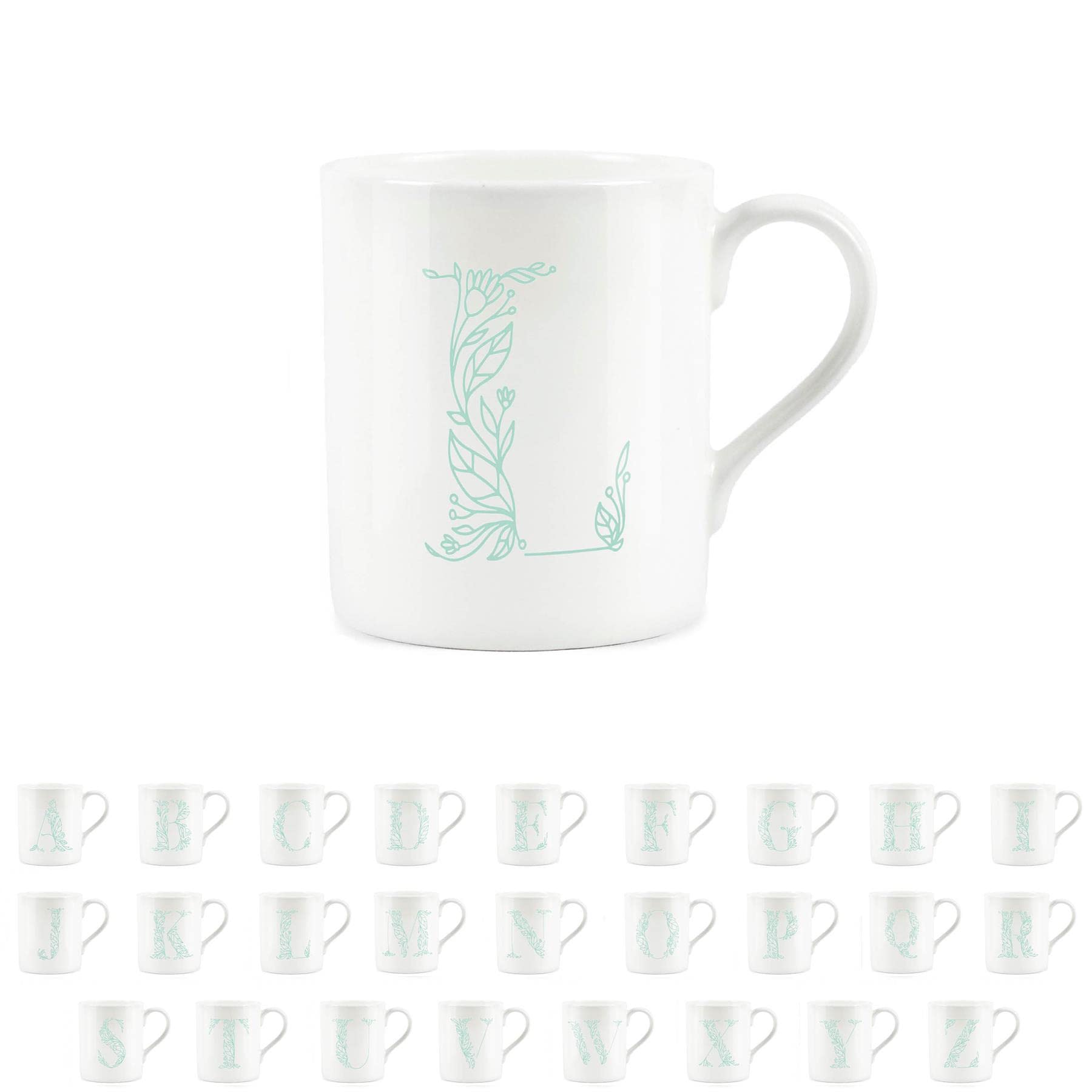 Purely Home Floral Green Letter L Mug - Fine Bone China Small Coffee Tea Mug Present Personalised Initial Gift