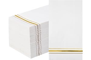 HUNANYUME 100 Gold Trim Lined Paper Napkins Elegant Dinner Napkins, 3 Ply White and Gold Foil Guest Napkins Disposable Hand Towels for Bathroom Wedding Anniversary Bridal Baby Shower Birthday Party