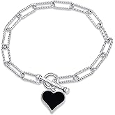 925 Sterling Silver Black Onyx & White Shell Heart Charm Toggle Bracelet for Women – Dainty Black Gemstone Charm Bracelet, Gift for Girlfriend, Wife
