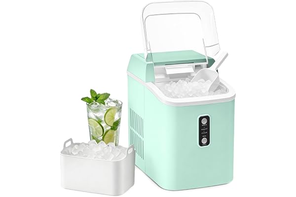 KMFurnila Nugget Ice Maker Countertop, Portable Ice Makers Machine with Removable Basket and Scoop, Self-Cleaning, Quiet, 6-Min Ready, 24lbs in 24Hrs, Visible, for Home, Party, RV, Camping, Green
