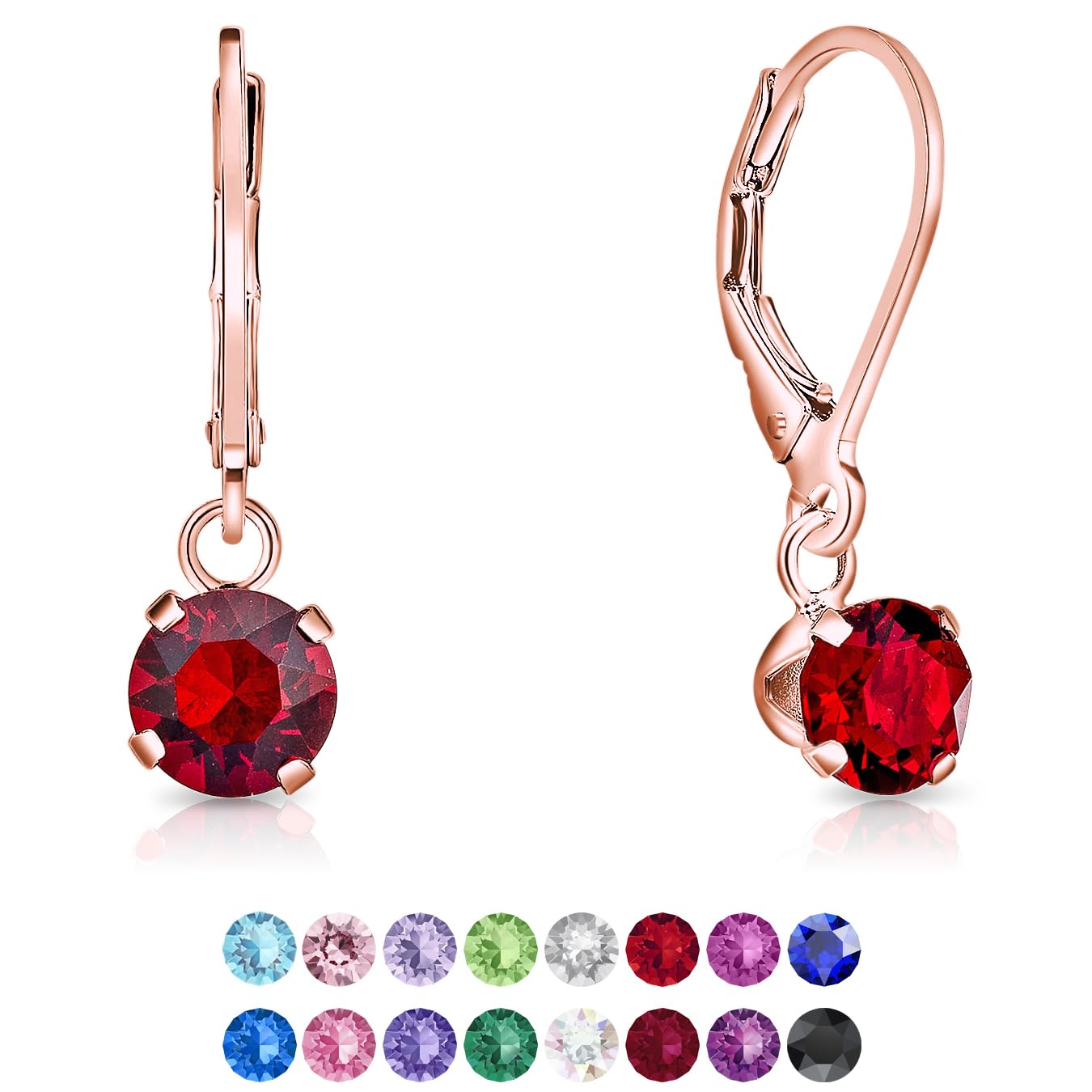 DTPSilver - 925 Sterling Silver Rose Gold Plated Round Dangle Leverback Earrings made with Glittering Crystals from Swarovski® Elements - Diameter: 6 mm - Colour : Red Light Siam