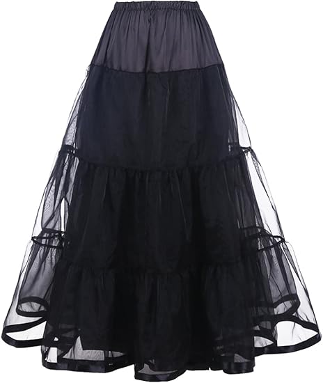 Amazon Dresstell ドレステル 3段パニエ オーガンザワンピース ロング丈 フリルいっぱい ふわふわボリュームパニエ カラーペチコート レディーズ ブラック S Mサイズ イブニングドレス 通販