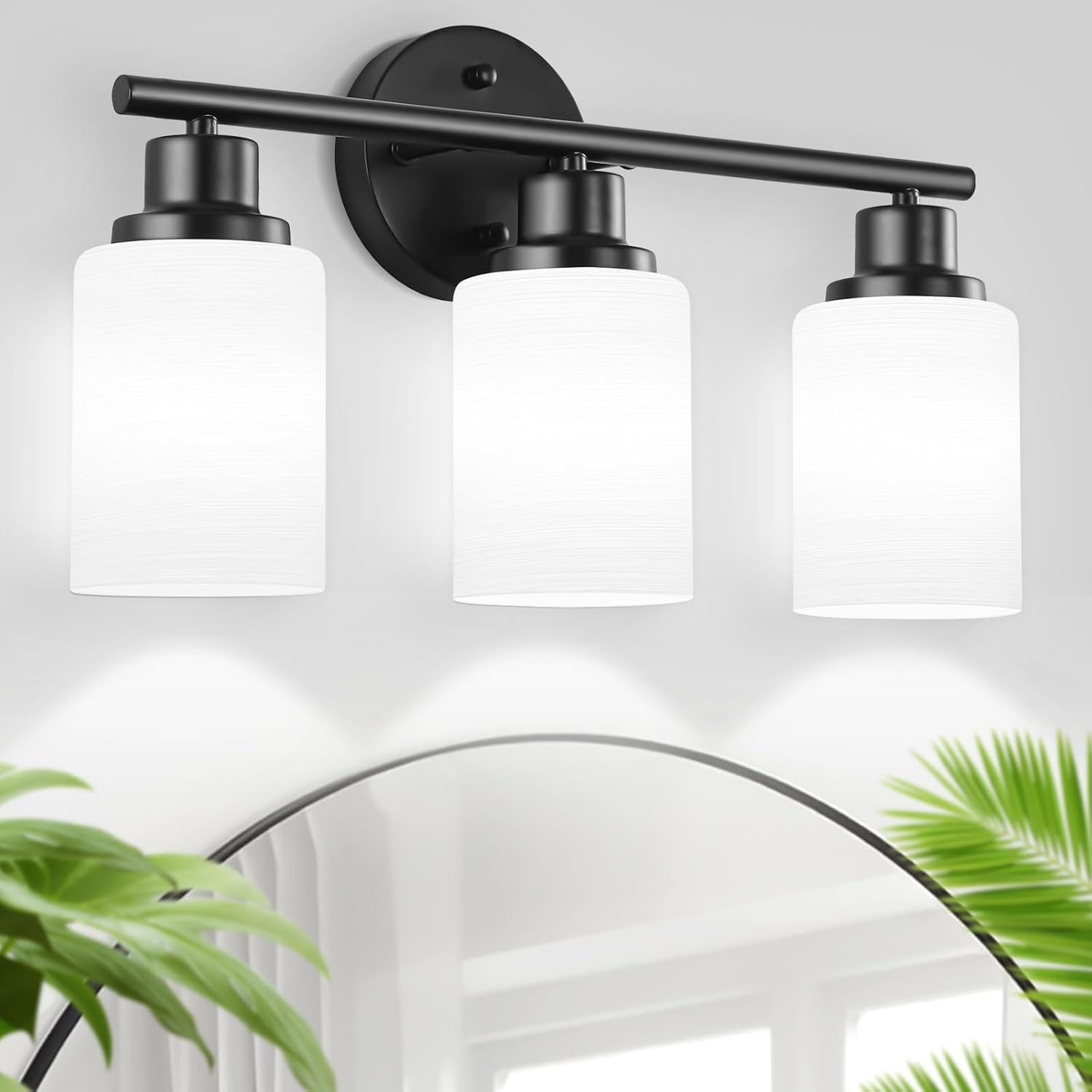 Guliaofo 3-Light Bathroom Light Fixtures, Black Vanity Lights for Mirror with Textured Milky White Glass Shade, E26 Base Modern Kitchen Light Fixtures Wall Sconce Light Image