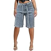 pnahip Women's Rhinestone Denim Shorts Casual Stretchy High Waisted Bermuda Jean Shorts with Belt Y2K Streetwear