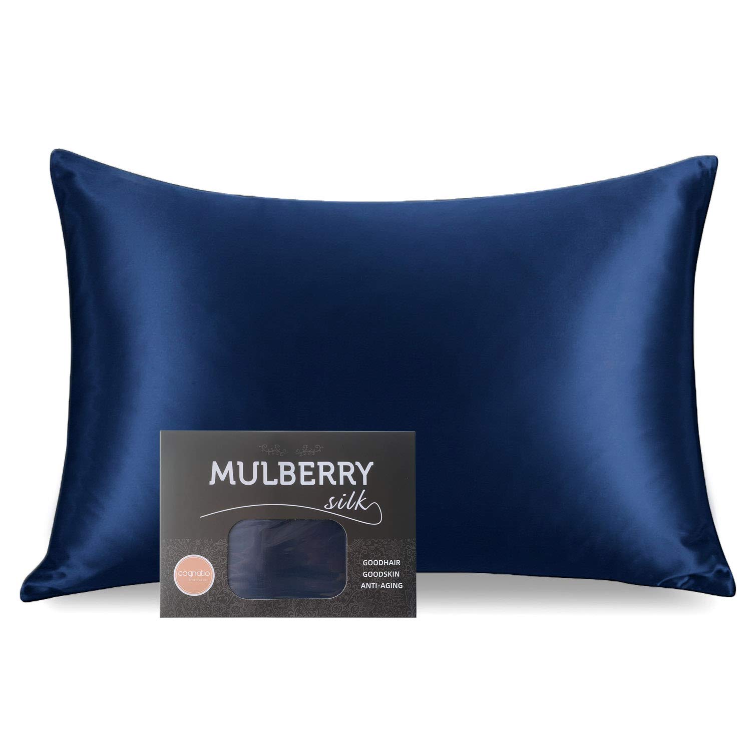 Cognatio 22 Momme 100% Mulberry Silk Pillowcase for Skin and Hair, Both Sides Pure Silk Pillow Case with Hidden Zipper, 1pc, Gift Box Packed, 50 x 75 cm, Navy Blue