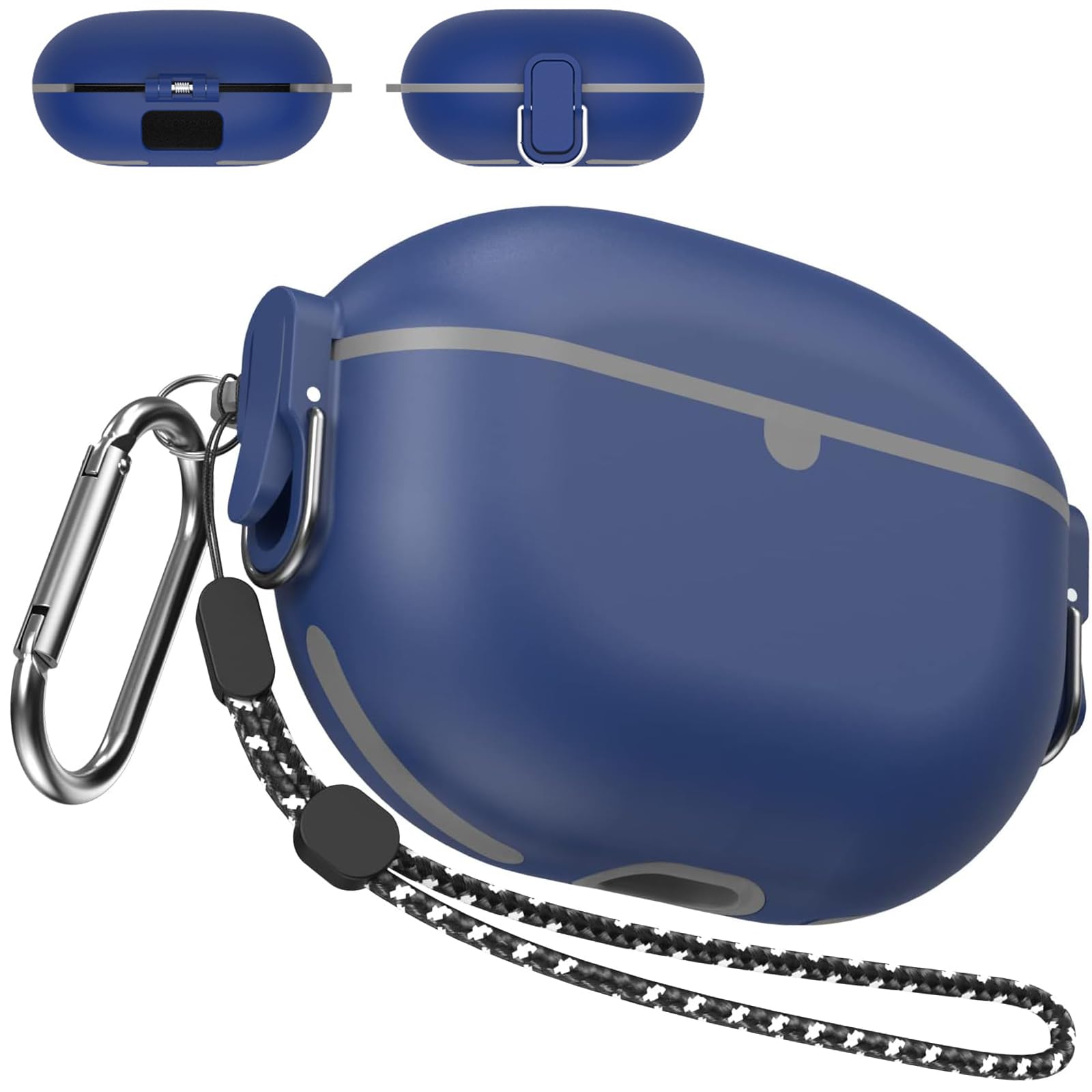 Miimall Compatible with Beats Studio Buds + /Beats Studio Buds Case, [Secure Metal Lock Switch] [Carabiner] [Lanyard] Silicone Shockproof Anti-scratch Protective Cover for Beats Studio Buds (Blue)
