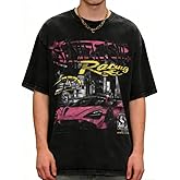 QJQ Men's Graphic Tees Short Sleeve Crewneck T Shirts Cyberpunk Vintage Cool Acid Wash Shirts Y2K Tops Streetwear Black