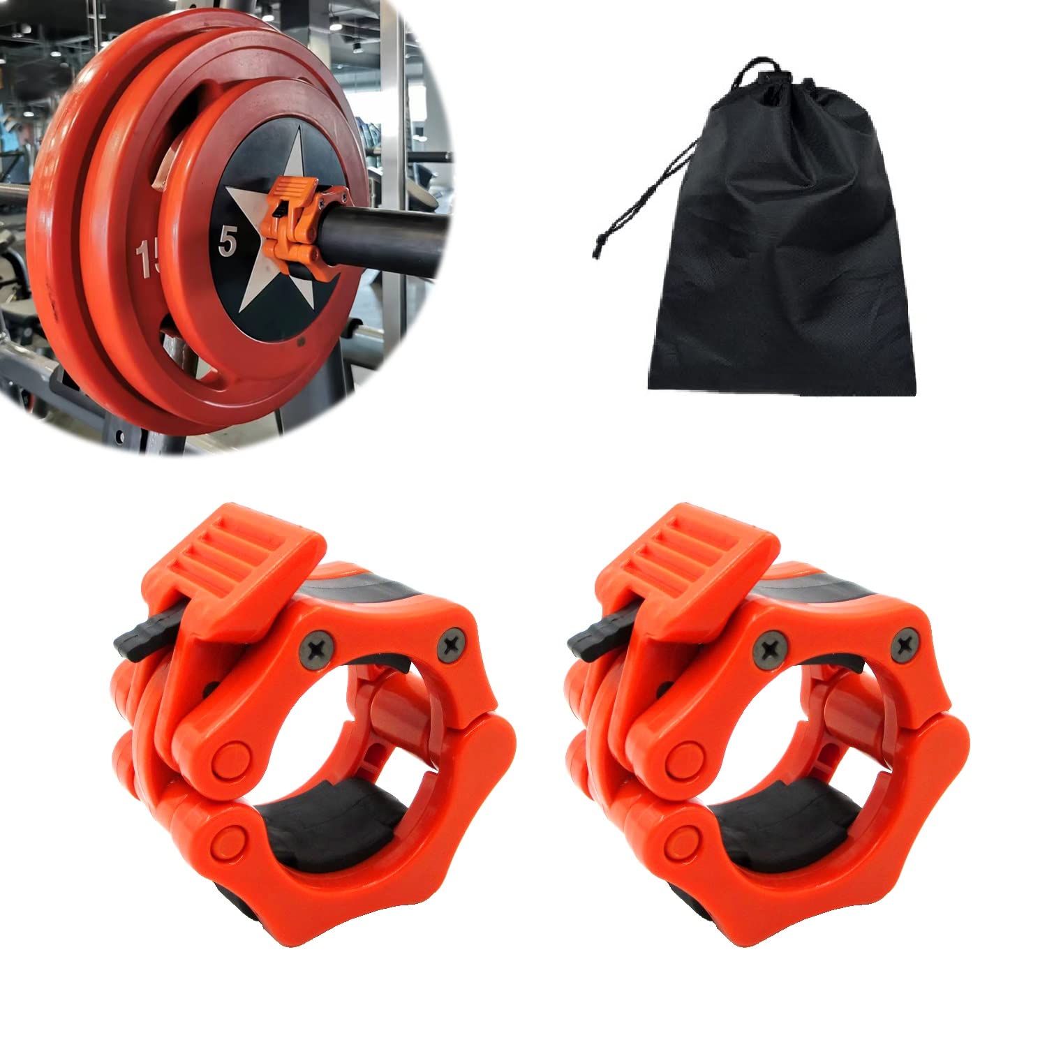 Barbell Clamps Olympic Bar Collars 2 Inch Quick Release Barbell Lock Clamp Locking Standard Bar Weight Plates Collar Clips for Workout Weightlifting Fitness Training Bodybuilding-Orange