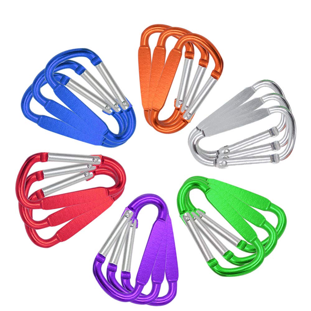 Senven D-Shape Carabiner, 18Pcs Aluminum Keychain, Mini Lock Hook for Camping, Hiking, Fishing - Silver, Red, Green, Orange, Purple, Blue