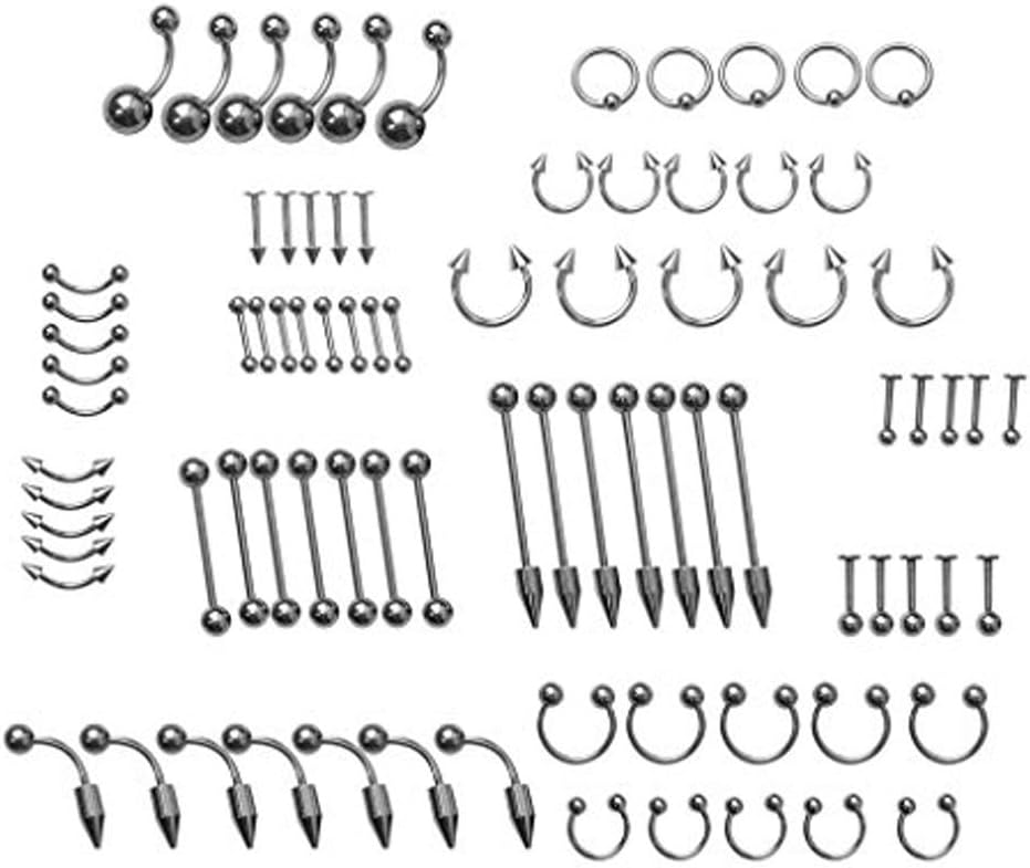 CDKJ 85 Pcs Nose Rings Ear Rings Lip Rings Tongue Rings Stainless Steel Stud Nose Rings Body Piercing Jewelry