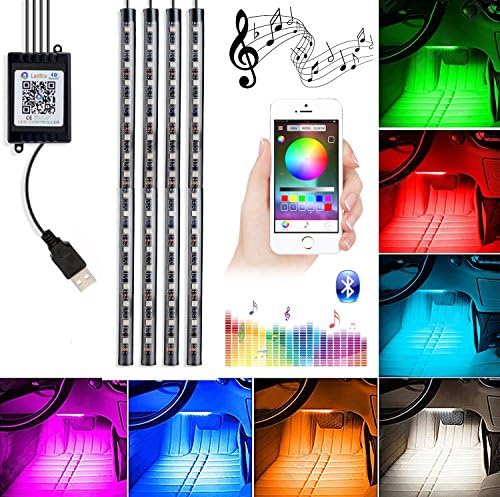 Car Interior Lights, 4Piece DC5V 72LEDs USB Auto LED Atmosphere Decor Strip Lights Multi-color Music RGB Under Dash Lighting Kit , With Sound-activated, APP Control