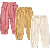 Kids Tales 3 Pack Boys Girls Cotton Linen Pants Child Basic Plain Solid Trousers Big Kids Elastic Waist Long Pants Bloomers