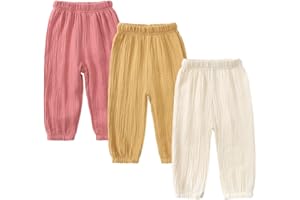 Kids Tales 3 Pack Boys Girls Cotton Linen Pants Child Basic Plain Solid Trousers Big Kids Elastic Waist Long Pants Bloomers