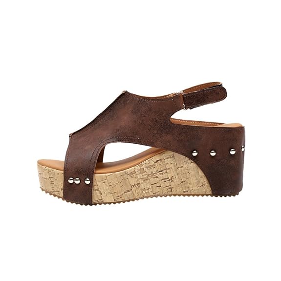 ?HWTOP Sandalen Frauen Sommer Runde Zehe Atmungsaktive Rivet Strand Boho Casual Wedges Schuhe Slope Fischmundsandalen