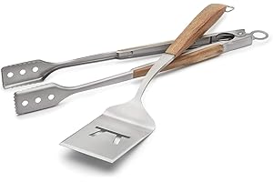 Outset QJ40 Jackson Acacia Wood Grill Spatula & Locking Tongs Set, Stainless Steel, Medium