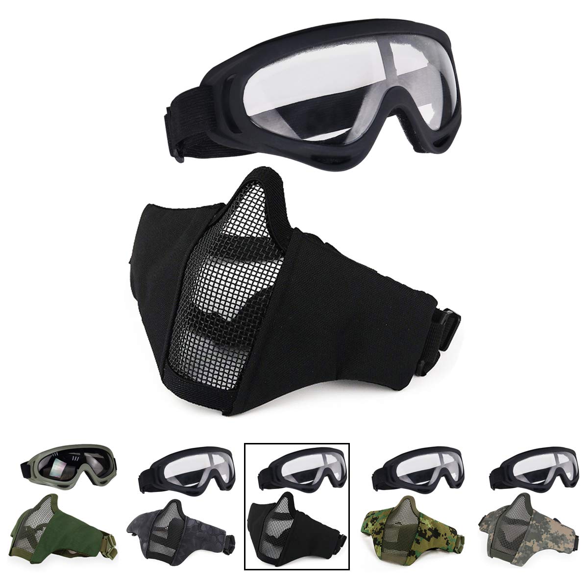 Airsoft Half Face Mesh Mask and Goggles Set for CS/Hunting/Paintball/Shooting (Black)