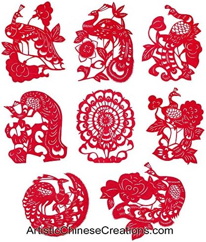 JMC Gifts Store Chinese Paper Cuts - Peacock (Set of 8) - Red - 5.5" - 100% Hand Crafted Paper Cutouts