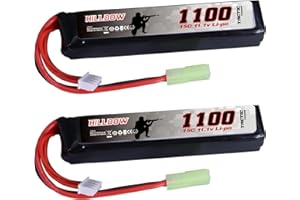 Hilldow 1100mAh 15C LiPo Battery 11.1V Rechargeable Hobby Mini TMY Plug Battery for Airsoft Model(2 Packs)