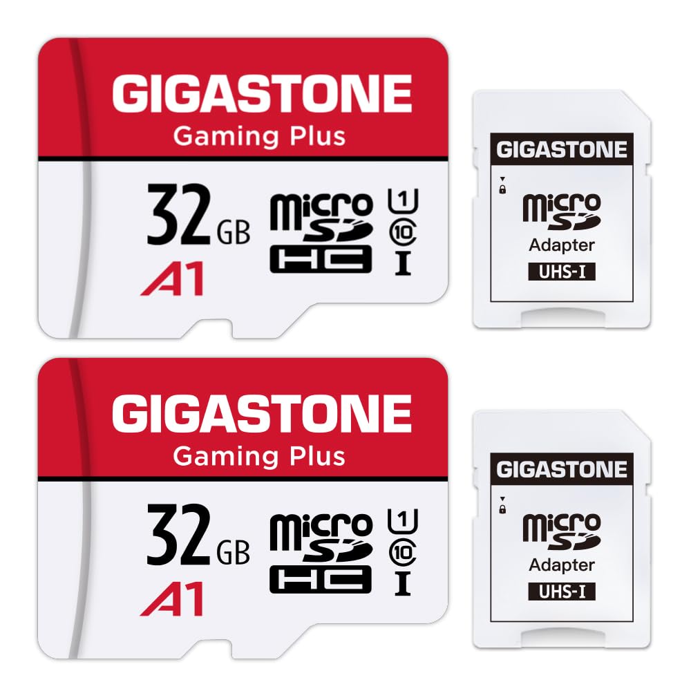 【For Switch 1 Only】GIGASTONE Micro SD Card 32GB 2-Pack with 2x SD Adapter + 2x Mini-case, Gaming Plus, High Speed 90MB/s, Full HD Video Recording, Micro SDHC UHS-I A1 Class 10