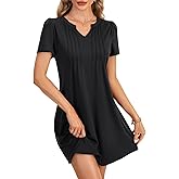 LYANER Women's Pleated Front Notched V Neck A Line Short Sleeve Dresses Casual Mini Dress