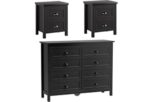 SINROM 3-Piece Dresser Bedroom Set, Farmhouse 8 Drawer Dresser & 2 Drawer Nightstands Set of 2, Chest of Drawers and Night Stand, 3 Pcs Bedroom Furniture Set