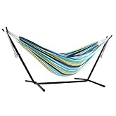 Vivere Double Cotton Hammock with Space Saving Steel Stand, Upgraded Polyester End Strings 450 lb Capacity - Premium Carry Bag Included (Cayo Reef)
