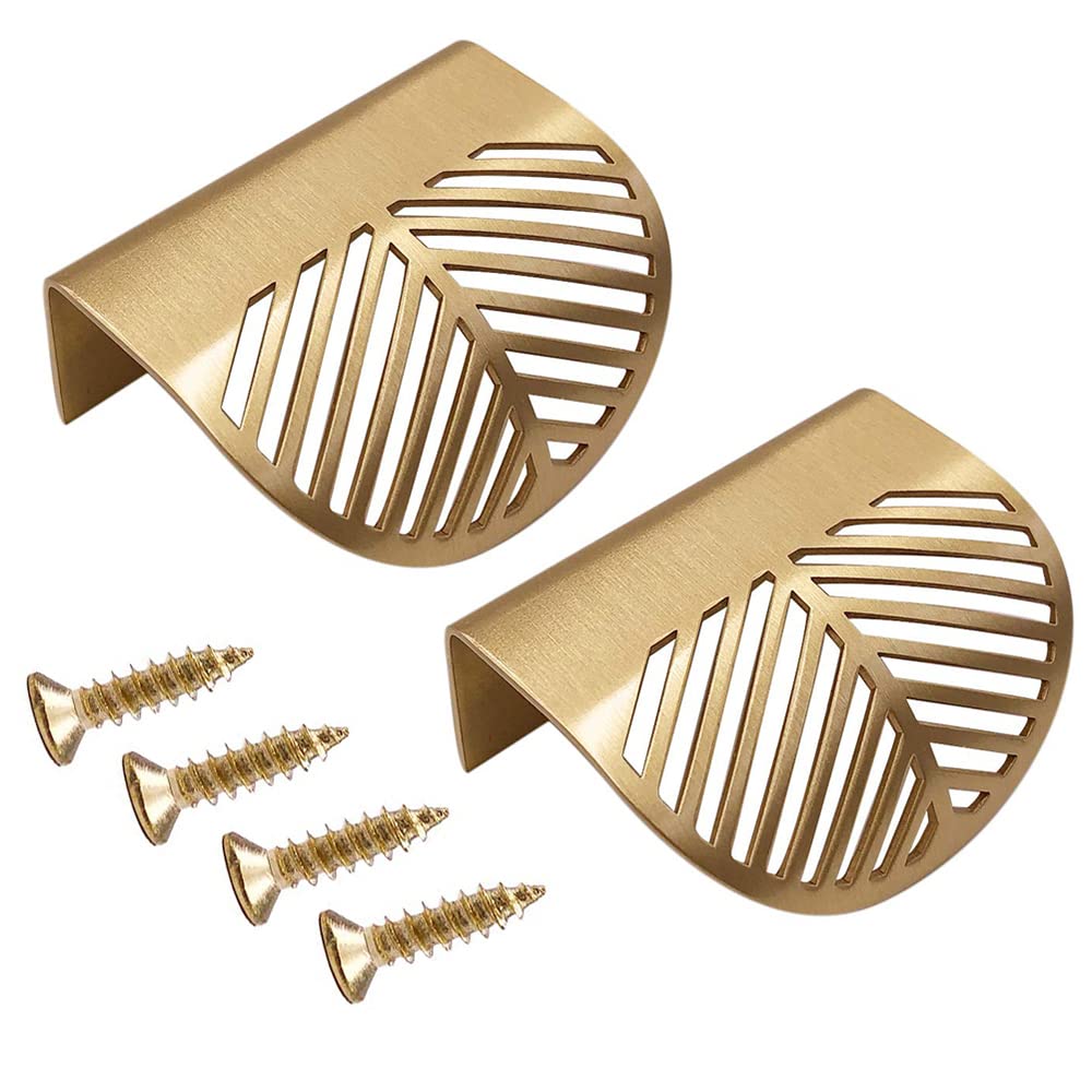 Oneyijun 2 Pcs Leaf Shape Cabinet Drawer Wardrobe Door Brass Gold DecorativeFurniture Pulls Handles Kitchen Door Drawer Pull Knobs with Screws for Bathroom Bedroom (60mm Style1)