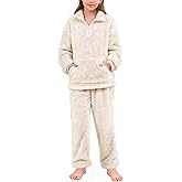Flygo Girls Boys Fuzzy Pants Set Fleece Sweatsuit Flannel Fluffy 1/4 Zip Sweatshirt Pants Sets 2 Piece Outfits 5-14Years
