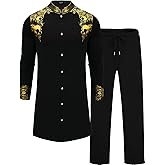 ZSJR Mens Long African 2 Piece Set Nigerian Dashiki Metallic Traditional Suit Gold Stamp Printed Shirt and Pants Outfit
