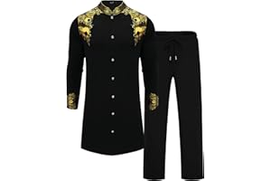 ZSJR Mens Long African 2 Piece Set Nigerian Dashiki Metallic Traditional Suit Gold Stamp Printed Shirt and Pants Outfit