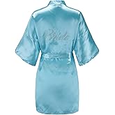EPLAZA Women's One Size Silver Rhinestones Bride Bridesmaid Short Satin Robes for Wedding Party Getting Ready