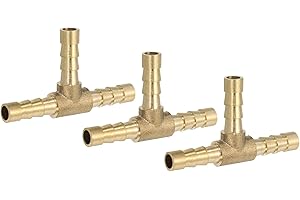 PATIKIL 1/4" Brass Tee Hose Barb Fitting,3 Pcs 3 Ways Union Intersection T Shape Barbed Split for Air Water Fuel Gas Liquid, 