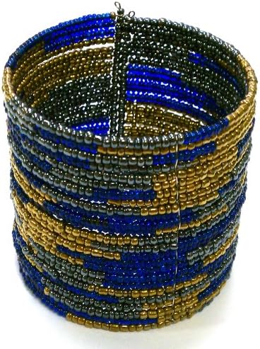 2-6 Day Delivery- Multiple Colors Available, Including Metallic Colors Handmade 25 Rows Beaded Cuff Bracelet Balinese Multi Strand Glass Beaded Jewelry Trendy Unique Design Modern Indonesian Fashion Accessory from Bali (Cobalt Grey Bronze)