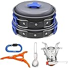 Bisgear 14 Pcs Camping Cookware Stove Carabiner Canister Stand Tripod Folding Spork Set Outdoor Camping Hiking Backpacking Non-stick Cooking Picnic Knife Spoon