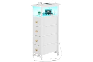 Yoobure LED Narrow Nightstand with Charging Station - Slim Dresser for Bedroom Narrow Side Table Storage Cabinet, Small Dressers Chest of Drawers, Tall Night Stand End Table for Small Spaces, White