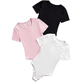 SweatyRocks Girl's 3 Pack Bodysuits Short Sleeve Crew Neck Ribbed Dance Leotards Sets