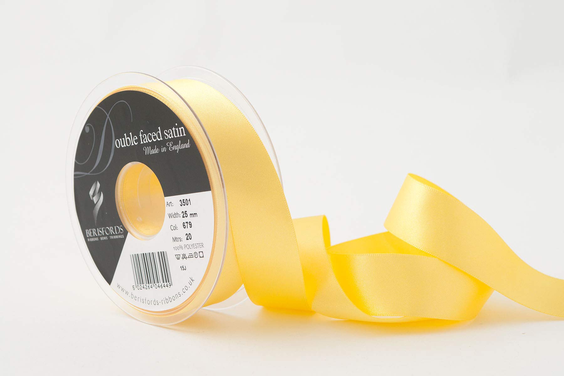 Berisfords Double FACE Poly Satin Ribbon, Yellow, 25 mm — image 1