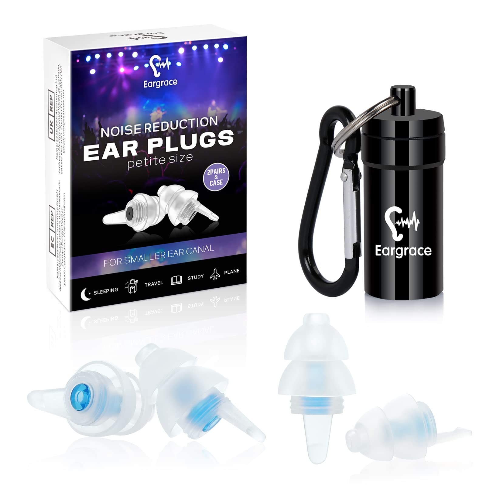 Ear Plugs for Sleeping, Eargrace 2 Pairs Soft Noise Reduction Earplugs for Small Ear Canals - Hearing Protection Earplugs for Sleep, Festivals, Concerts, Travel, Work, Motorcycle, Loud Events