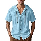 QOSOQ Men's Cotton Linen Shirts Short Sleeve Casual Sweatshirts Button Down Summer Beach Wedding Shirts with Hoodies