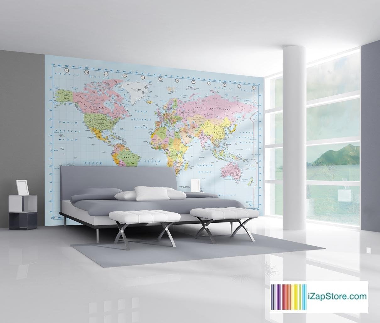 The Uk's Best Quality Pro-Finish… World Map / Atlas / Map of the World Wallpaper Mural… 100% the Easiest to fit GUARANTEED… No Overlapping & Trimming... No untidy joins, just line-up and secure… Its So Simple to do!! 3.15m wide by 2.32m tall ….