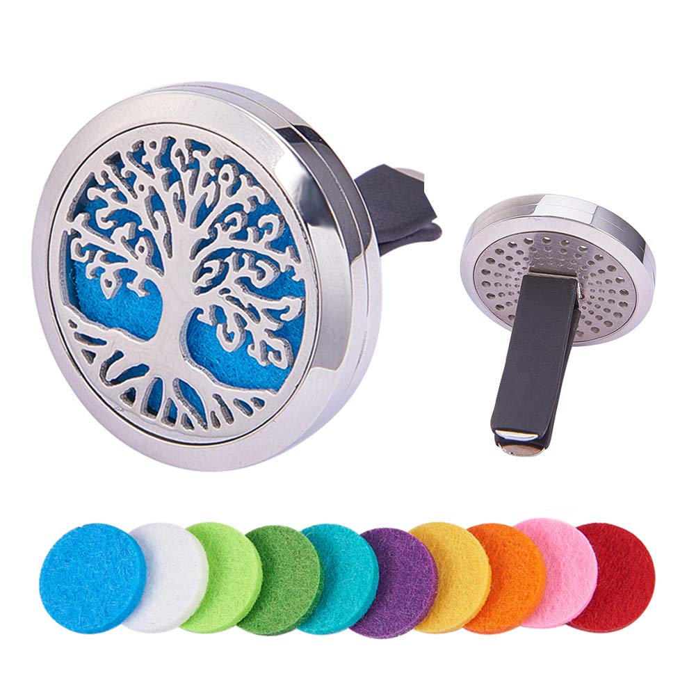 BENECREAT Tree of Life Car Air Freshener Aromatherapy Essential Oil Diffuser Stainless Steel Locket With Vent Clip 10 Washable Felt Pads