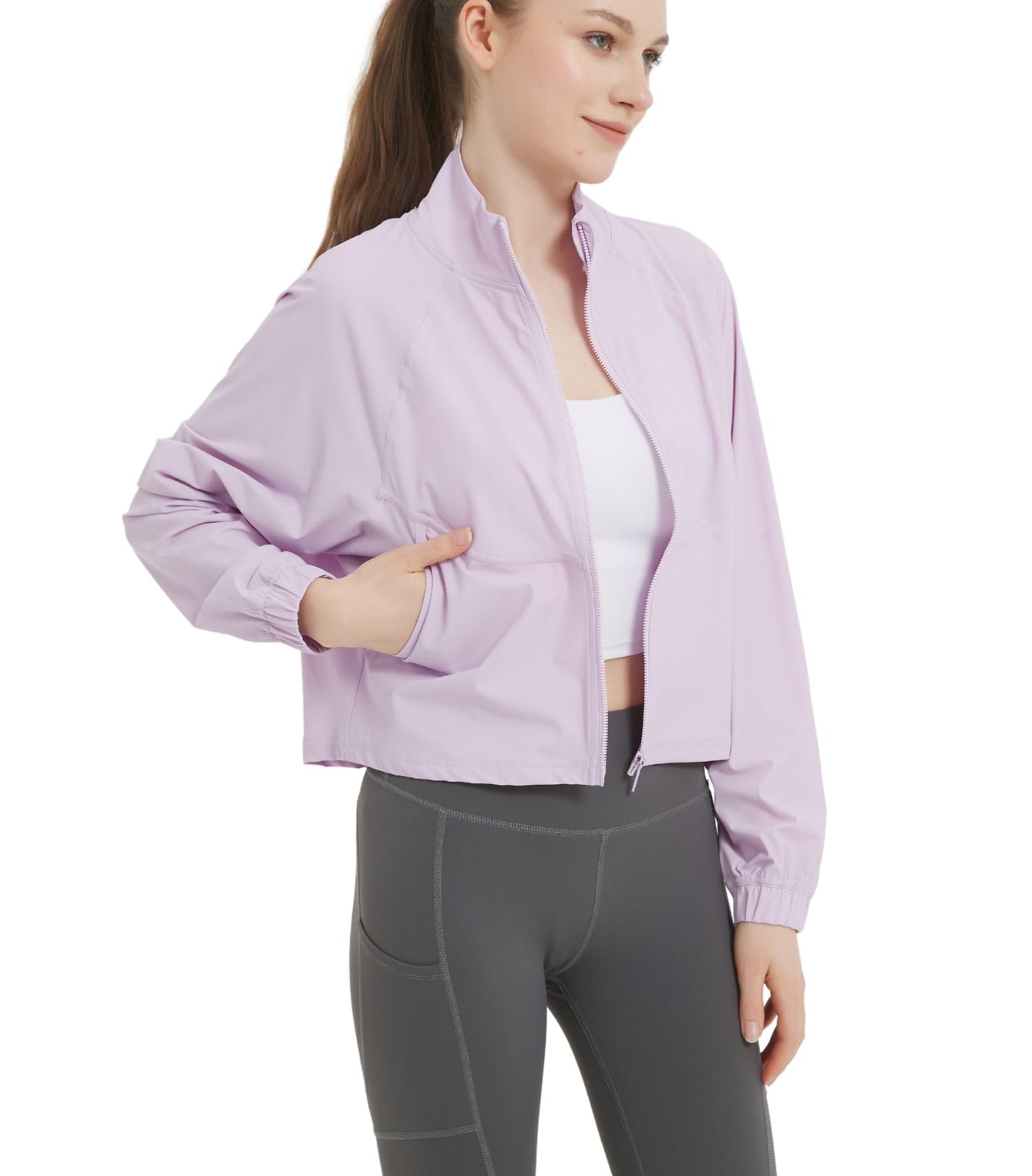Photo 1 of happlan Women's UPF 50+ Sun Protection Athletic Running Gym Yoga Long Sleeve Cropped Zip Up Workout Shirt Track Jacket (S)