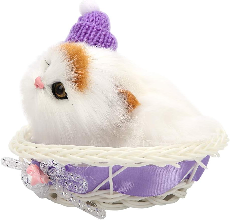 Plush Simulation Cat Toy, Basket Lovely Cats Plush Stuffed Toys Button Batteries Powered Simulation Kitten Doll with Voice(Purple)