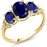 Gem Stone King 5.49 Cttw 10K Yellow Gold Blue Sapphire and White Diamond Accent 3-Stone Engagement Ring | Oval 8X6MM and 6X4MM | 3 Stone Wedding Anniversary Promise Ring For Women
