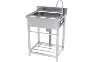 KUNCAIISH Stainless Steel Utility Sink, Free Standing Outdoor Single Bowl Sink with Towel Rack, Commercial Restaurant Kitchen