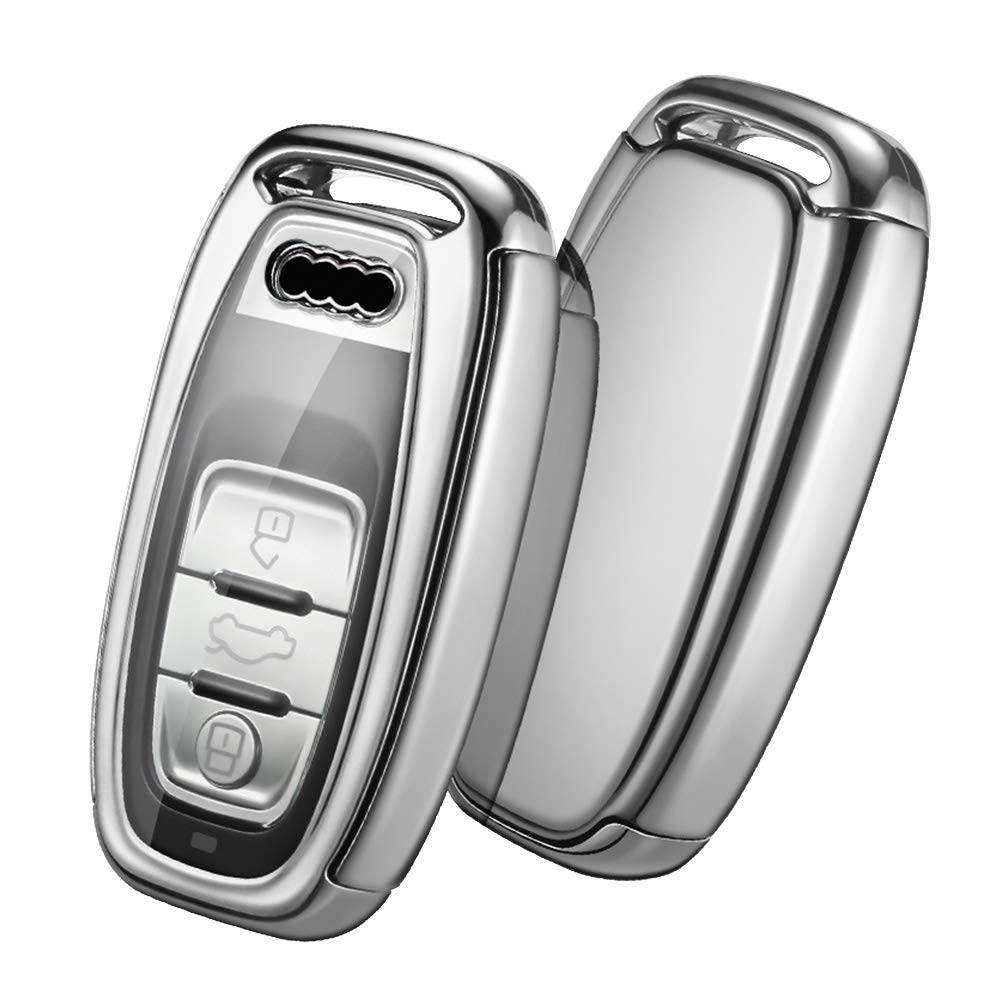 OATSBASF Car Key Cover Compatible with Audi,Suitable for Keyless Operation Keys Audi A4 A5 A6 A7 Q5 Q7 Q8 RS SQ TPU Silicone 3 Buttons Case Box (Silver)